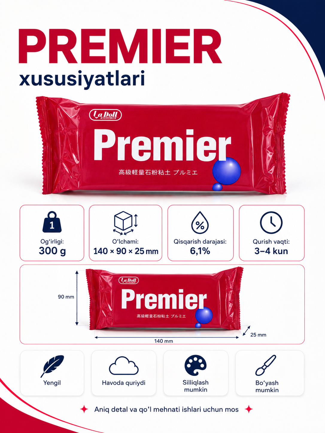 Самозатвердевающая глина для лепки La Doll и Premier, моделирующая