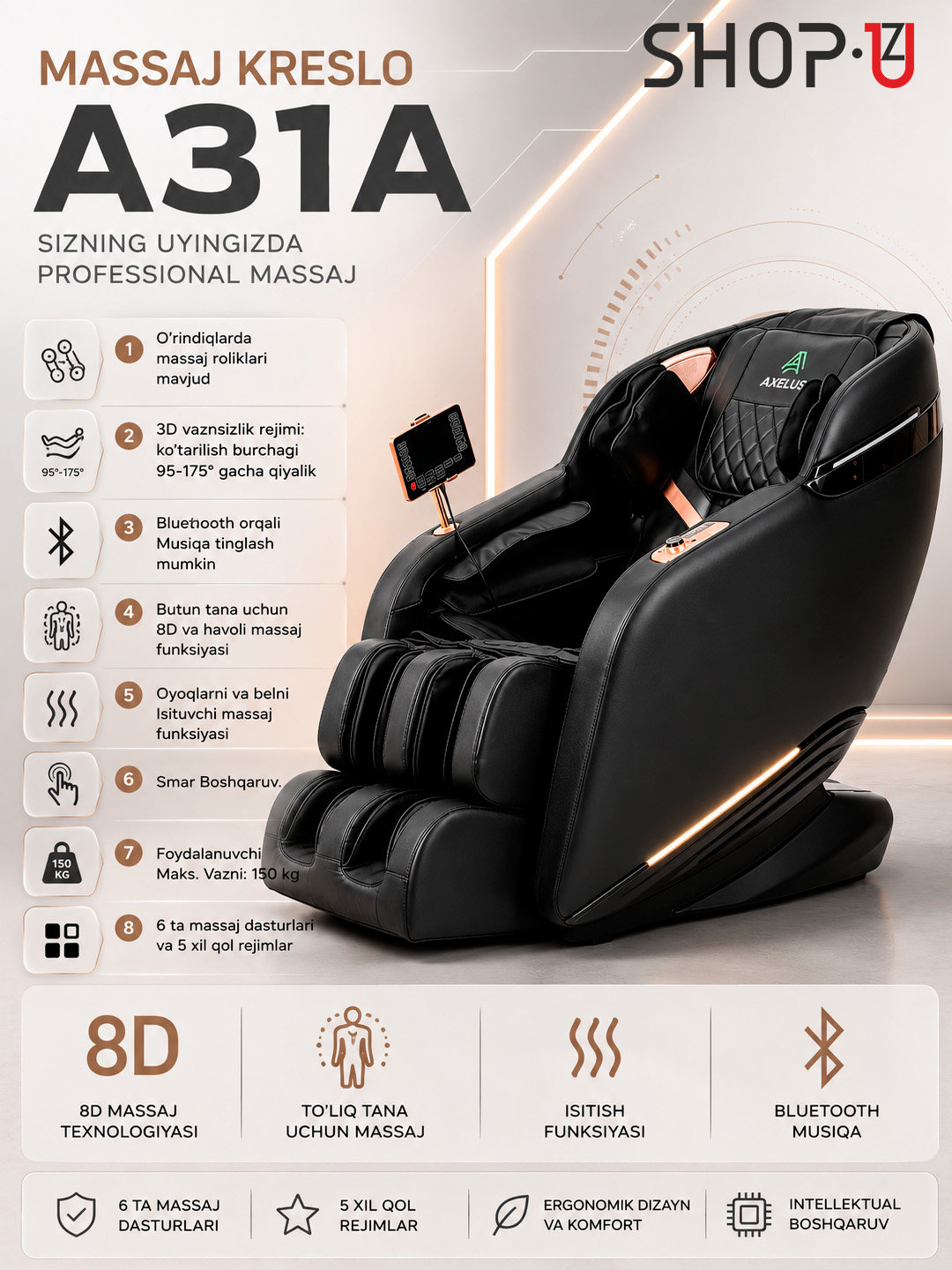 AXELUS massaj kreslosi  4D massaj  Zero Gravity  Isitish  Bluetooth - 