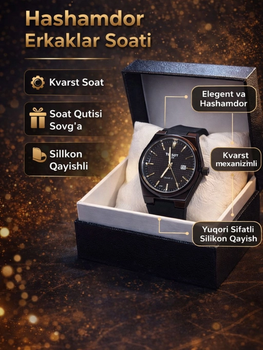Erkaklar qo‘l soati, erkaklar soati. Silikon  qayishli,kvars. Sovg'a qutisi bilan
