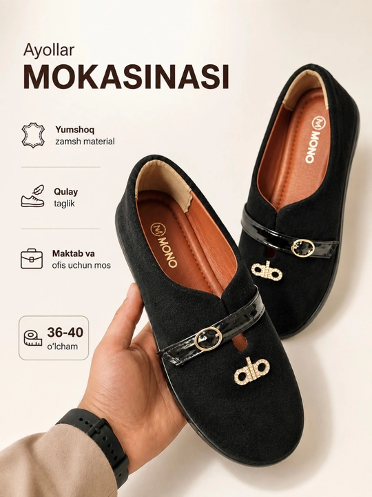 Ayollar mokasinalari, kuzgi makasinlar, ofis va kundalik poyabzal, 36-40 o‘lcham