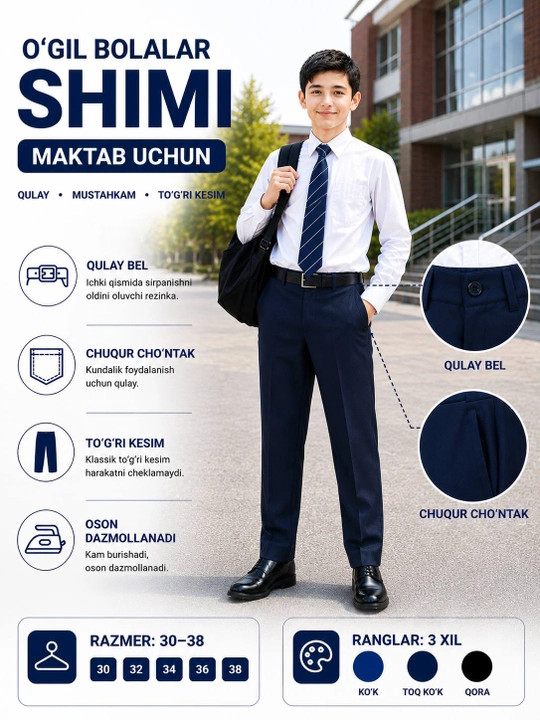 O`g`il bolalar uchun klassik shim, 30-46, maktab uchun shim - 