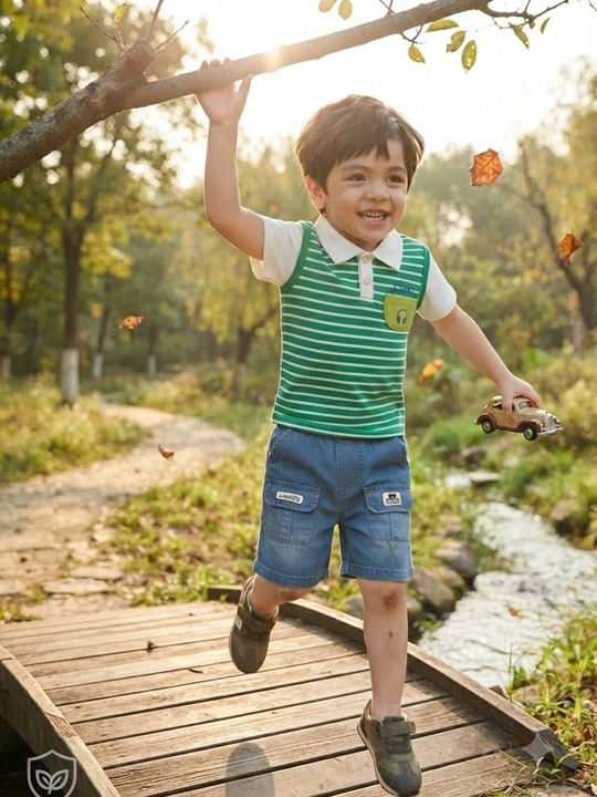 Bolalar yozgi kostyumi polo va jinsi shortik chiziqli, paxta - 