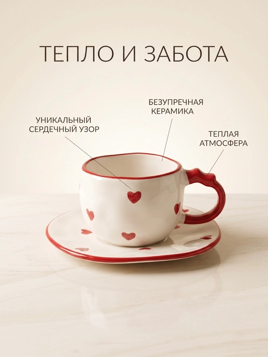 Керамическая чашка с блюдцем "Сердечки", чайная пара для кофе и чая