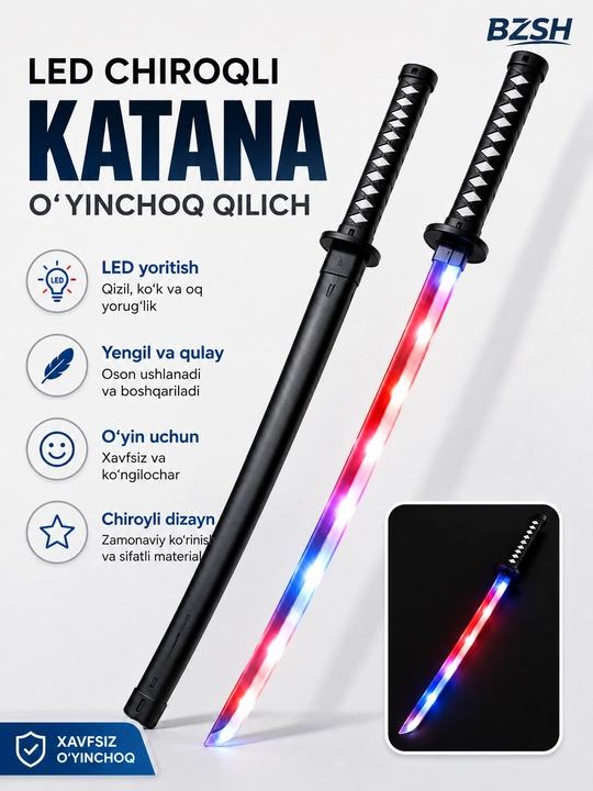 Bolalar uchun LED chiroqli katana o‘yinchoq qilich, qinli, rangli yorug‘lik - 