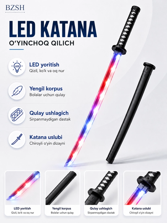Bolalar uchun LED chiroqli katana o‘yinchoq qilich, qinli, rangli yorug‘lik