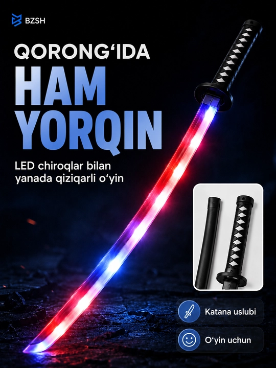 Bolalar uchun LED chiroqli katana o‘yinchoq qilich, qinli, rangli yorug‘lik