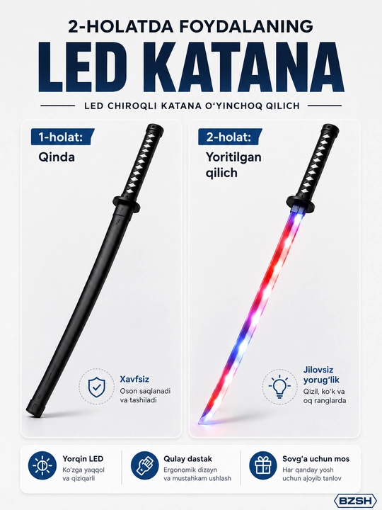 Bolalar uchun LED chiroqli katana o‘yinchoq qilich, qinli, rangli yorug‘lik
