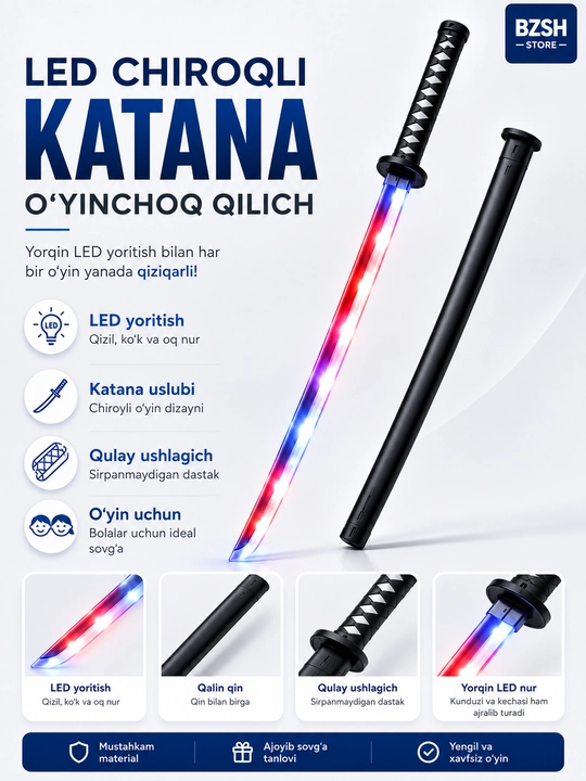 Bolalar uchun LED chiroqli katana o‘yinchoq qilich, qinli, rangli yorug‘lik