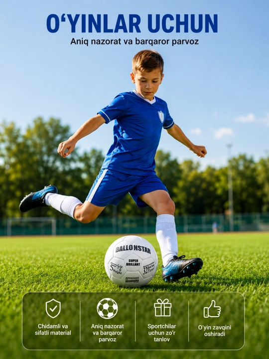 5-o‘lchamli, mustahkam, qo‘lda tikiladigan, o‘yinlar va mashg‘ulotlar uchun futbol to‘pi