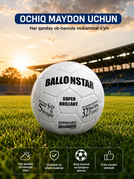 5-o‘lchamli, mustahkam, qo‘lda tikiladigan, o‘yinlar va mashg‘ulotlar uchun futbol to‘pi