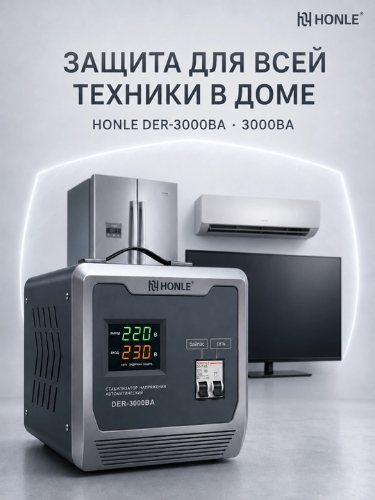 HONLE kuchlanish stabilizatori 3000VA (3kVA), uy uchun, tok sakrashidan himoya