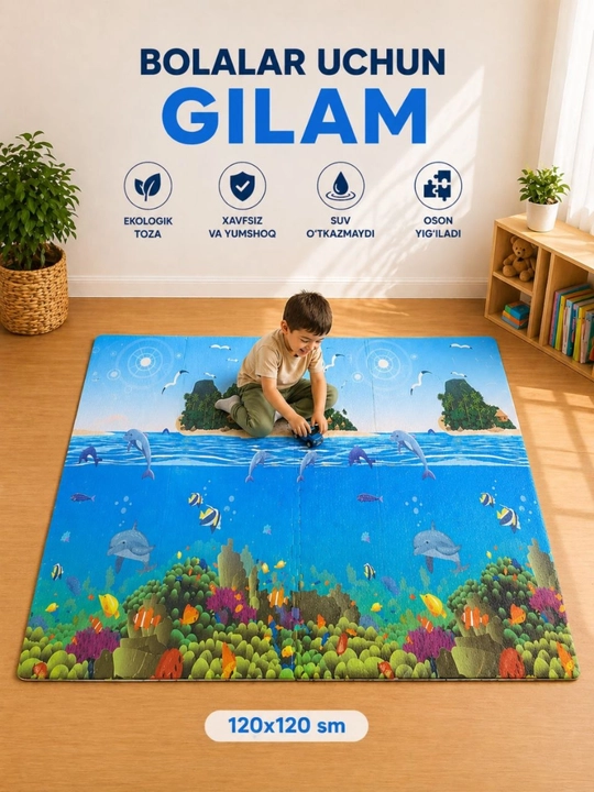 Rivojlantiruvchi bolalar gilami, 120*120 sm - xavfsiz va qulay o‘yin gilami - 