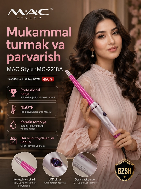 MAC Styler MC-2218A konussimon soch jingalaklagich ployka, raqamli displey, 450°F
