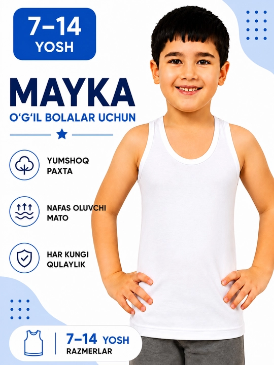 7-14 yoshli o‘g‘il bolalar uchun oq paxtalik futbolka - 