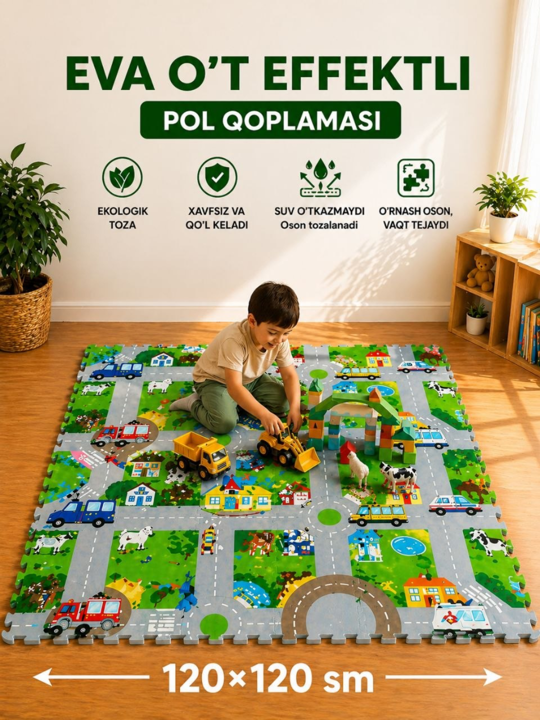 Bolalar uchun rivojlantruvchi glamcha,120x120sm, xavfsiz va qulay o'yin kovriki - 