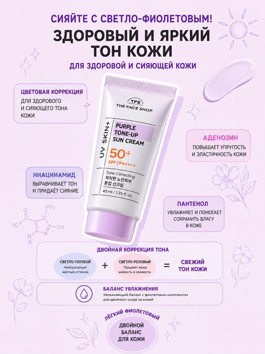 THE FACE SHOP UV SKIN+ Солнцезащитный крем, 4 вида , UV-защита, увлажнение, 40 мл