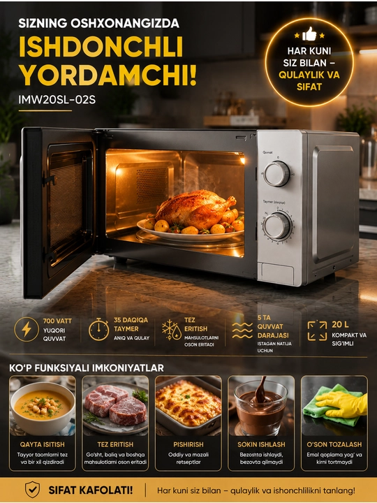 Mikroto‘lqinli pech 20 litr 700 Vt, 5 quvvat darajasi, taymer, tez isitish va eritish