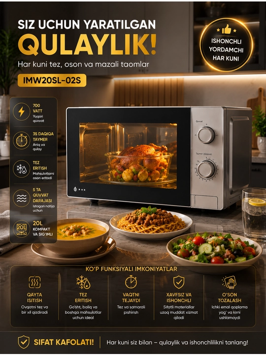 Mikroto‘lqinli pech 20 litr 700 Vt, 5 quvvat darajasi, taymer, tez isitish va eritish