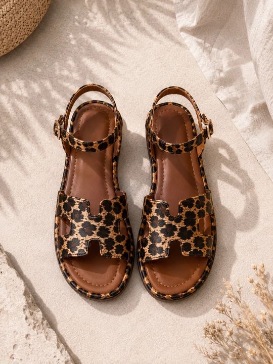 Ayollar uchun leopard printli yozgi sandallar, Yassi poshnali sandallar - 