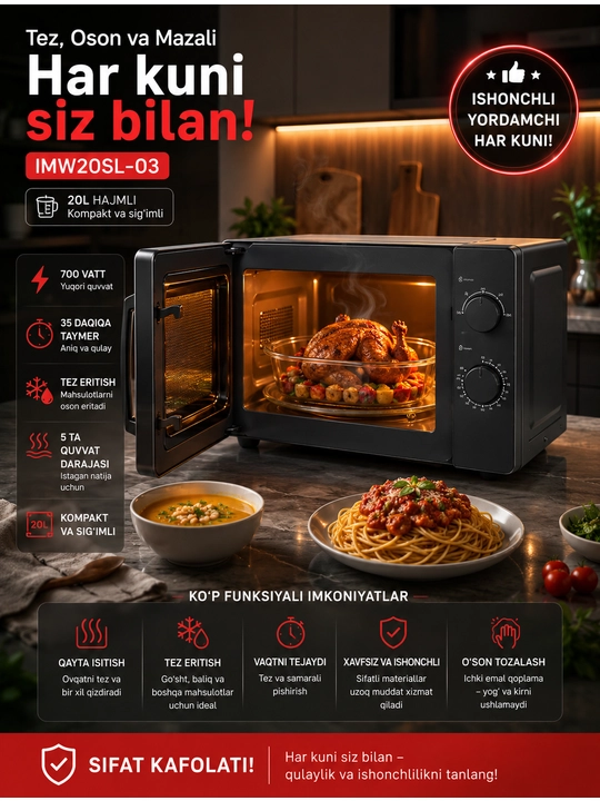 Mikroto‘lqinli pech 20 litr 700 Vt, 5 quvvat darajasi, taymer, tez isitish va eritish