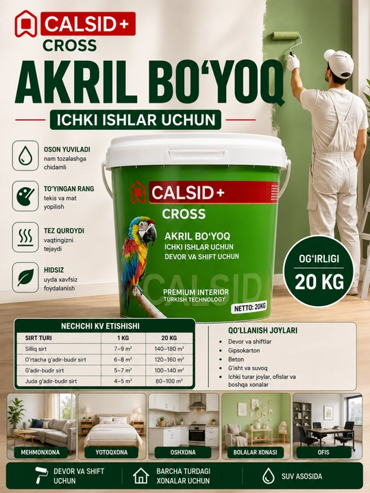 CALSID+ CROSS yuvishga chidamli akril bo‘yoq, ichki devor va shiftlar uchun, oq, 20 kg - 