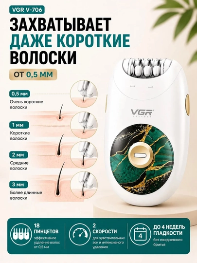 Epilyator ayollar uchun VGR 3v1, simsiz trimmer va tovon tozalagich, pemsa, epelyator