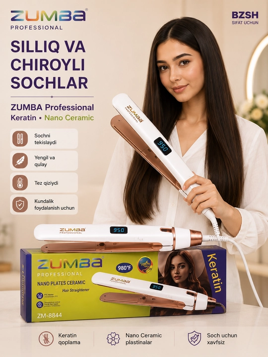 ZUMBA Professional ZM-8844 soch tekislagich, keramik plastina, raqamli displey - 