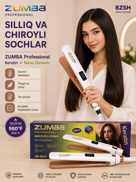 Выпрямитель для волос ZUMBA Professional ZM-8844, керамические пластины, дисплей