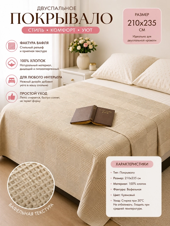 Покрывало Premium Waffle Beige – декоративное покрывало для кровати - 