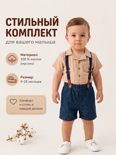 O‘g‘il bolalar uchun zamonaviy kiyim to‘plami ko‘ylak, jinsi shortik va podtyajka - 