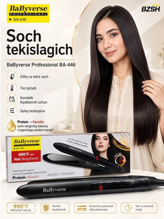 BaByverse Professional BA-446 soch tekislagich, keramik plastina, raqamli displey - 