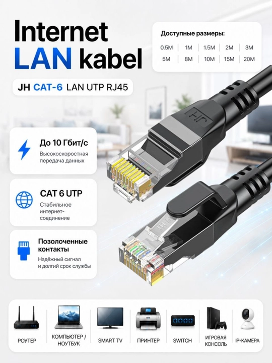 Сетевой кабель JH CAT-6 LAN до 10Гбит/сек, UTP для интернета, патч-корд RJ45, компьютерный