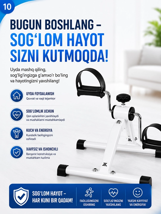 Qo‘l va oyoqlar uchun mini pedalli trenajyor, yuklamani sozlash imkoniyati bilan