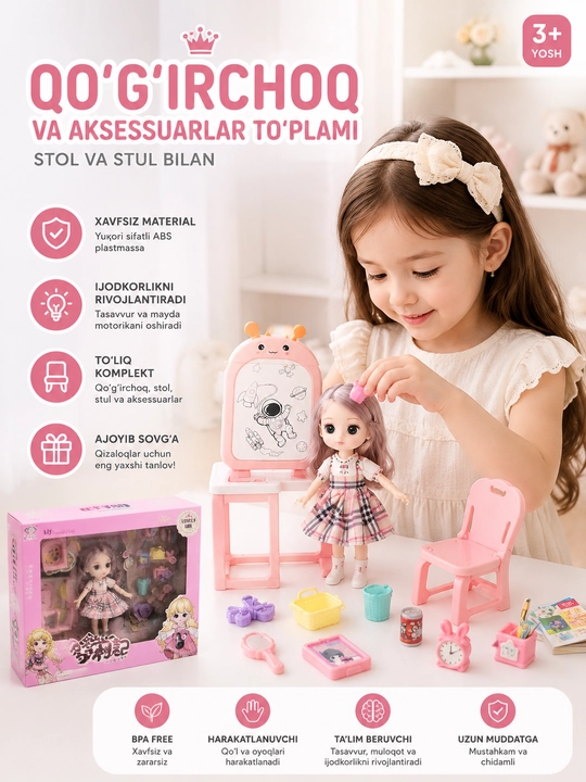 Qo'g'irchoq va aksessuarlar to'plami, stol va stul bilan, 3+ - 