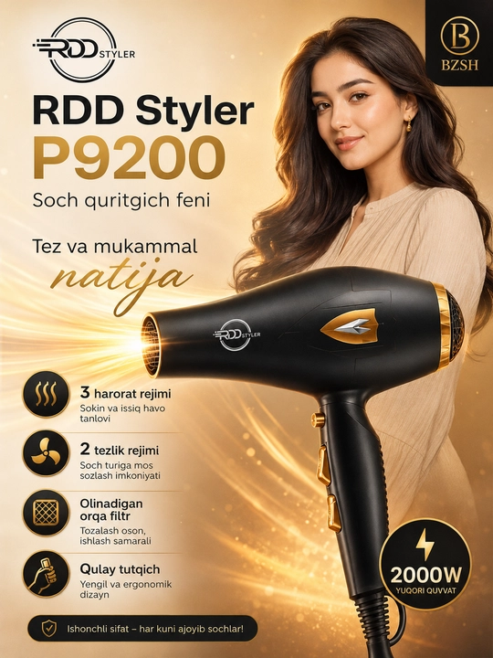 RDD Styler P9200 professional soch quritgich fen, 2000 W, 3 harorat va 2 tezlik rejimi - 
