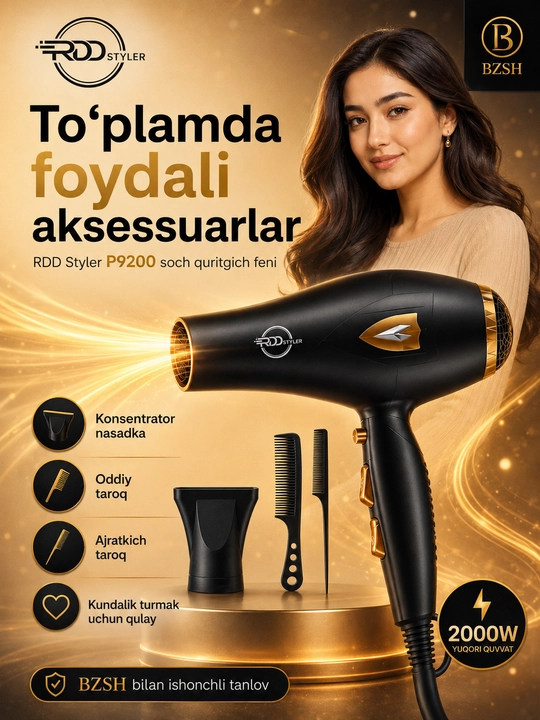 RDD Styler P9200 professional soch quritgich fen, 2000 W, 3 harorat va 2 tezlik rejimi