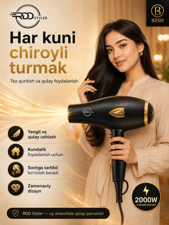 RDD Styler P9200 professional soch quritgich fen, 2000 W, 3 harorat va 2 tezlik rejimi