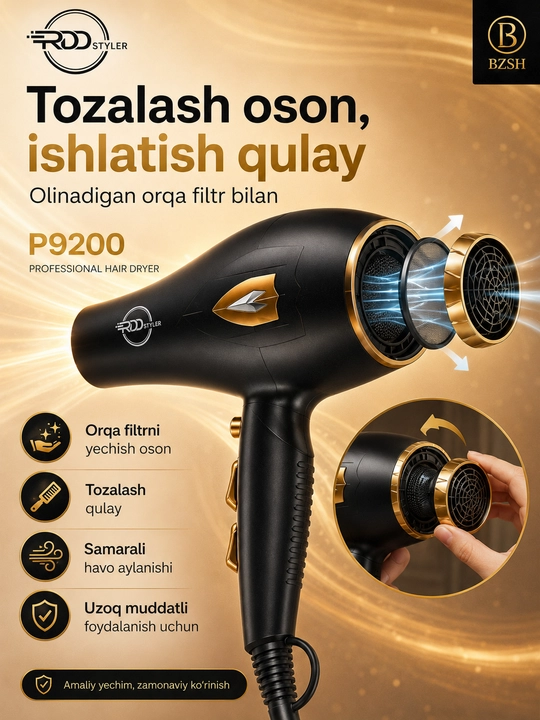 RDD Styler P9200 professional soch quritgich fen, 2000 W, 3 harorat va 2 tezlik rejimi