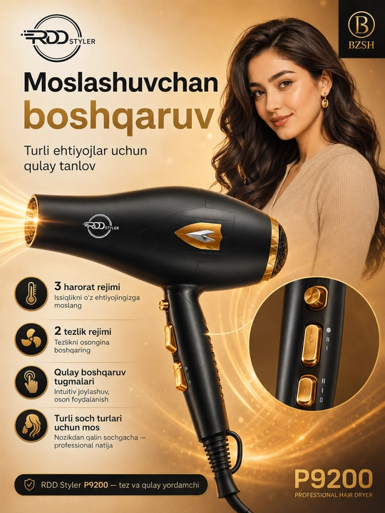 RDD Styler P9200 professional soch quritgich fen, 2000 W, 3 harorat va 2 tezlik rejimi
