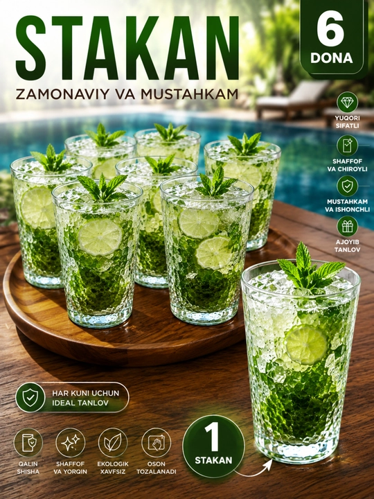 Ichimliklar uchun stakanlar to‘plami 6 dona, 350 ml dan - 