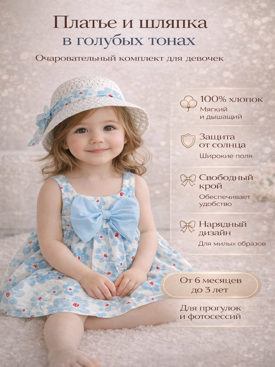 Одежда для новорожденных, летние платье со шляпой - 