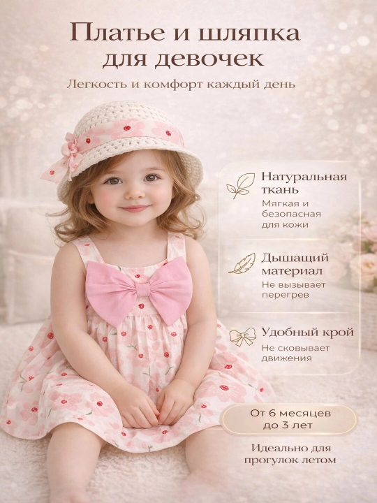 Одежда для новорожденных, летние платье со шляпой - 