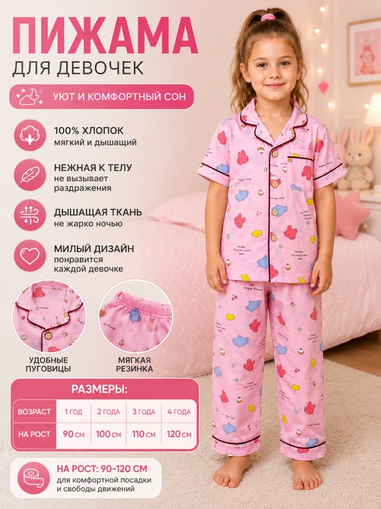Детская пижама для девочек, 100% хлопок, мягкий комплект для сна и дома - 