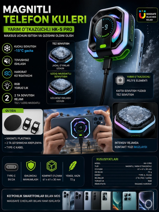 HK-5 Pro magnitli telefon sovutgichi, RGB, Type-C, MagSafe, Peltier elementi - 