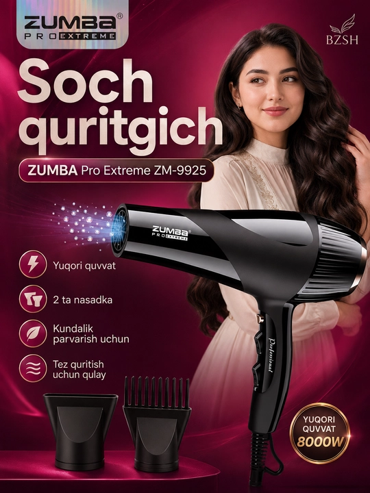 ZUMBA Pro Extreme ZM-9925 professional soch quritgich fen, 2 ta nasadka, 8000 W - 