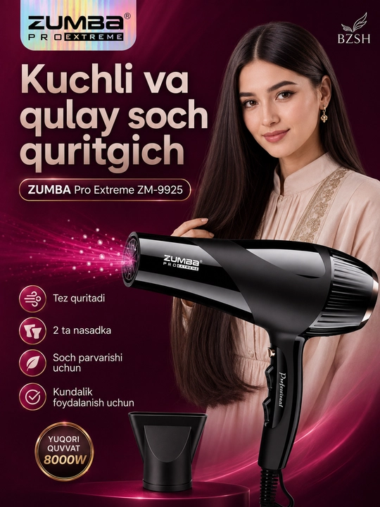 ZUMBA Pro Extreme ZM-9925 professional soch quritgich fen, 2 ta nasadka, 8000 W