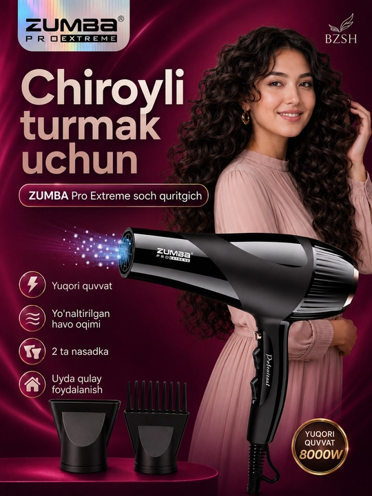 ZUMBA Pro Extreme ZM-9925 professional soch quritgich fen, 2 ta nasadka, 8000 W