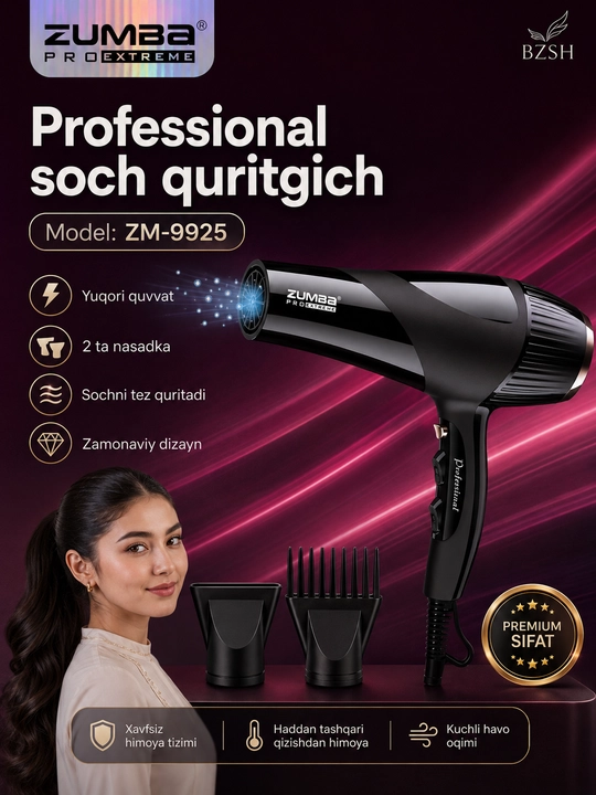 ZUMBA Pro Extreme ZM-9925 professional soch quritgich fen, 2 ta nasadka, 8000 W