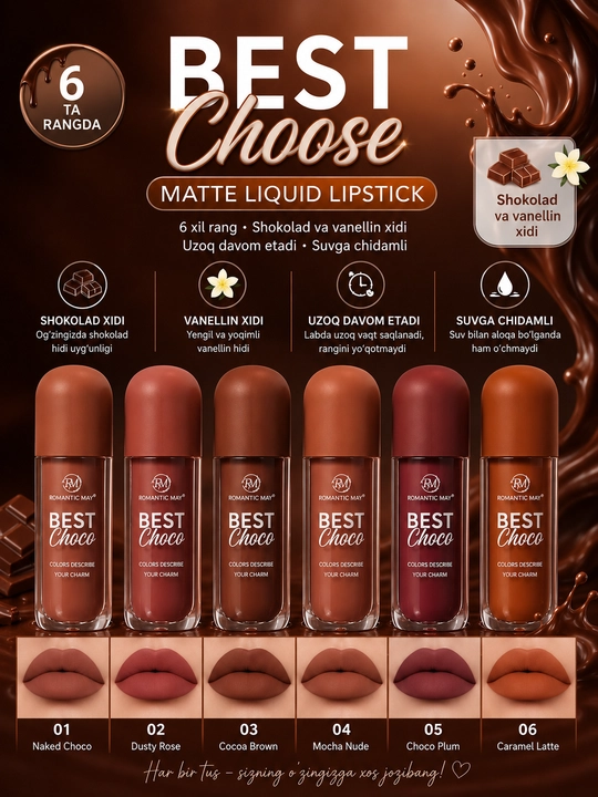 BEST Choose  pomada 6xil rang lab uchun mat va yaltiroq effektli uzoq saqlanadi - 