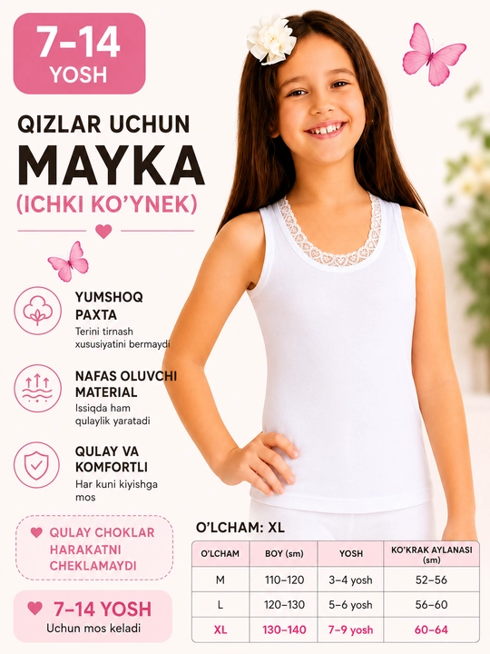 7-14 yoshli qizlar uchun oq rangli paxtalik mayka - 